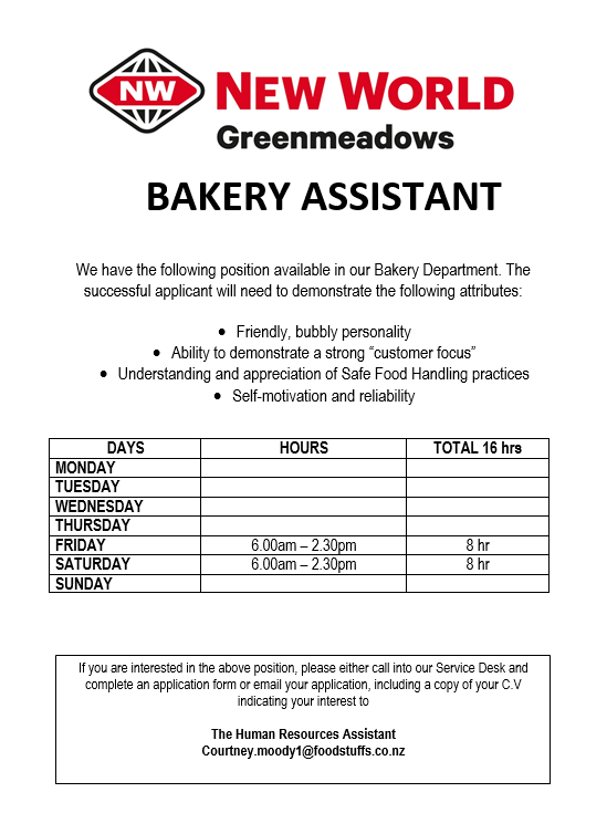 Bakery Assistant Ad frinsat