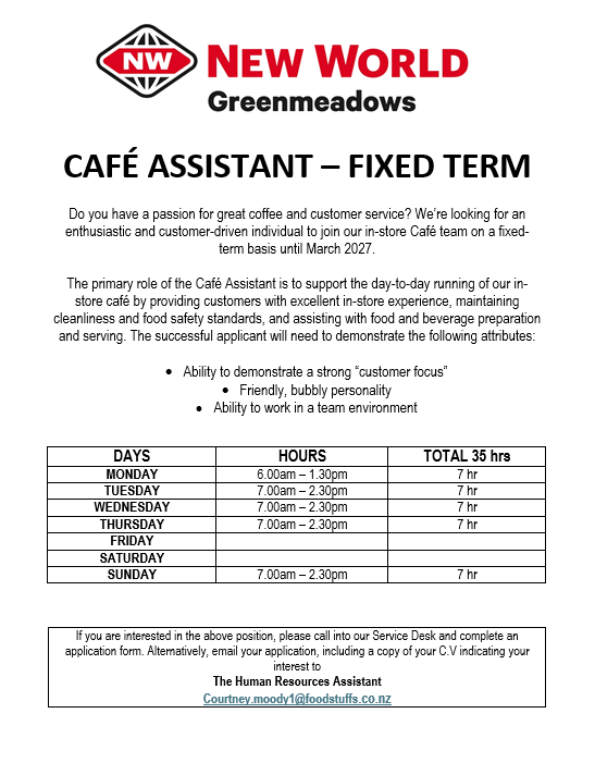 Cafe Assistant Fixed Term