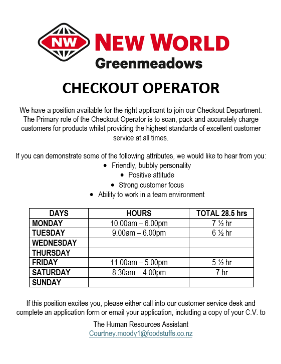 Checkout Operator 28.5 hours