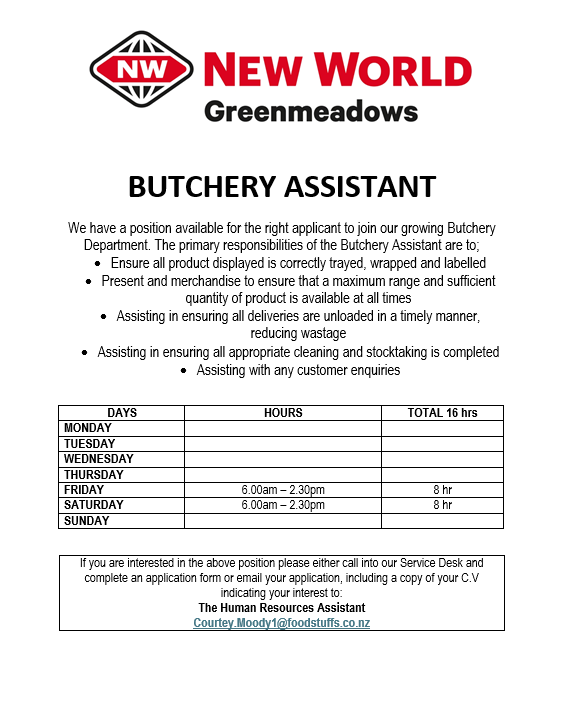 Butchery Assistant 16hr AM shift